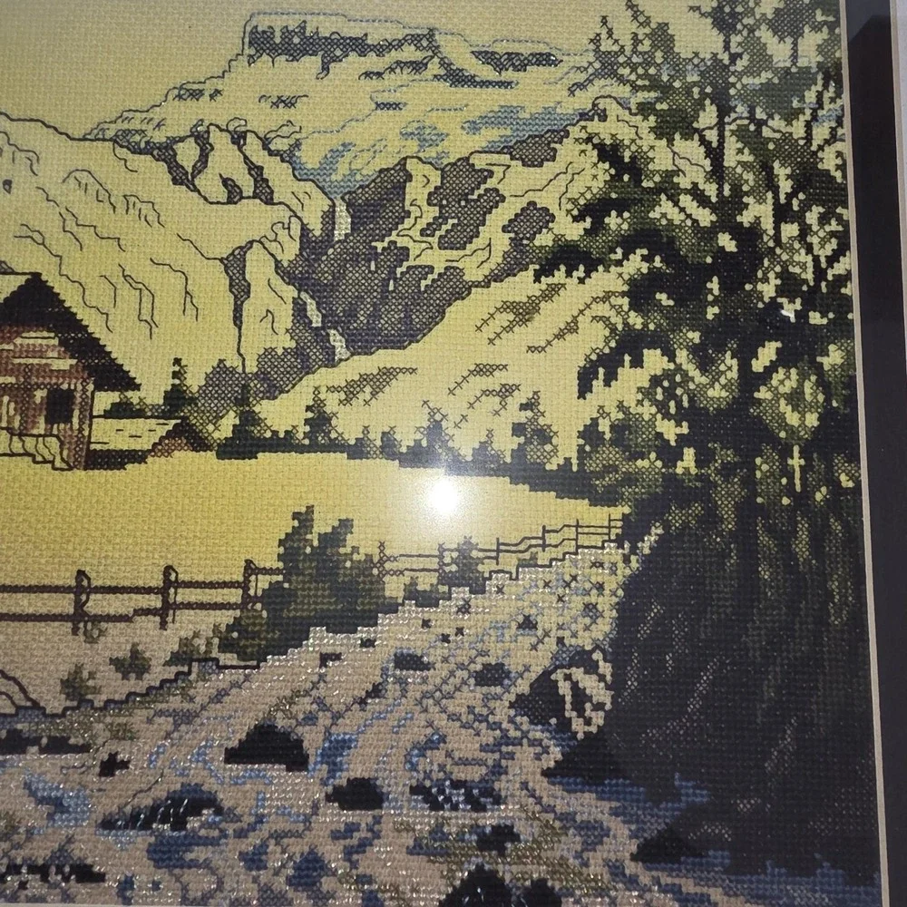 Vintage Handmade Mountain Cabin Landscape Cross Stitch Tapestry‎ Framed 14x16